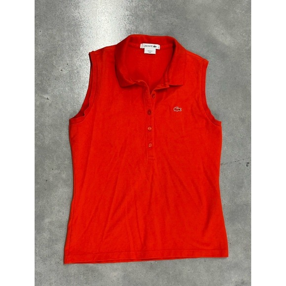 Lacoste Women's Sleeveless Polo Shirt Red Orange Size 40 Medium Crocodile Logo - Picture 1 of 4